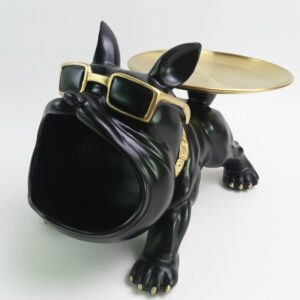Polyresin bulldog zwart met dienblad