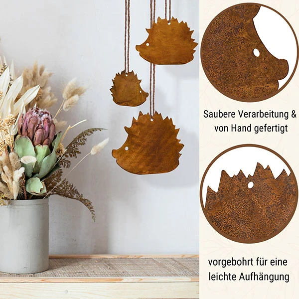Patina decoratieve egel set van 3 op bodemplaat of om op te hangen | Herfstdecoratie van metaal - Afbeelding 2