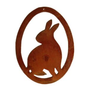 Roest decoratief konijntje in het ei | Raamdecoratie hangend voor Pasen | 15 cm x 11 cm | zittend konijntje | Paaseieren om op te hangen